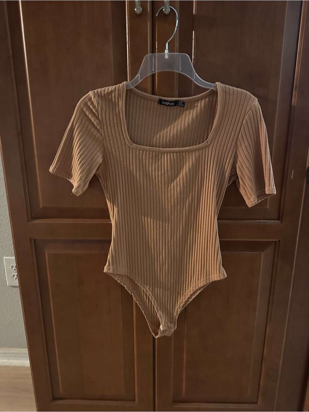 Boohoo Ribbed Square Neck Short-Sleeve Bodysuit - Beige